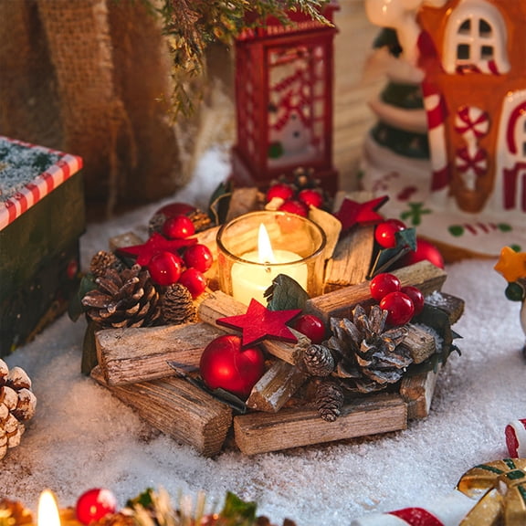 Battery Operated Christmas Candlestick 7.5 Inch Wood Base with Red Berries Pine Cones Flameless LED Candle for Fireplace Mantel Table Centerpiece Holiday Decor