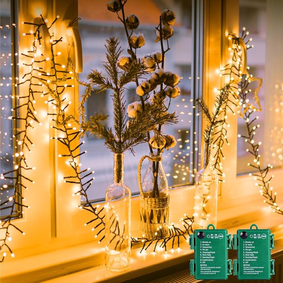 Battery Operated Christmas Cluster Lights, 4 Pack 10Ft 120 LED Outdoor Christmas Tree Lights Firecracker String Lights with Waterproof Twinkle Function for Indoor Wreath and Xmas Tree Decorations