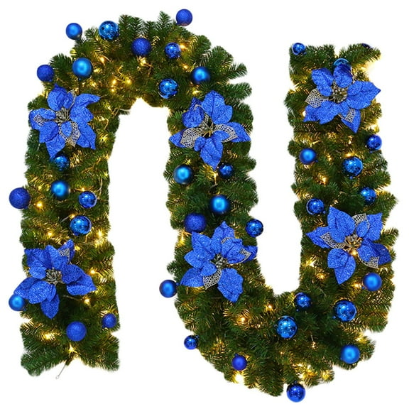 Battery Operated Christmas Garland 8.8ft with Lights Artificial Poinsettia Vine with Ornaments LED Illuminated Rattan Decor for Fireplace Staircase Doorway Outdoor Indoor Holiday Decoration