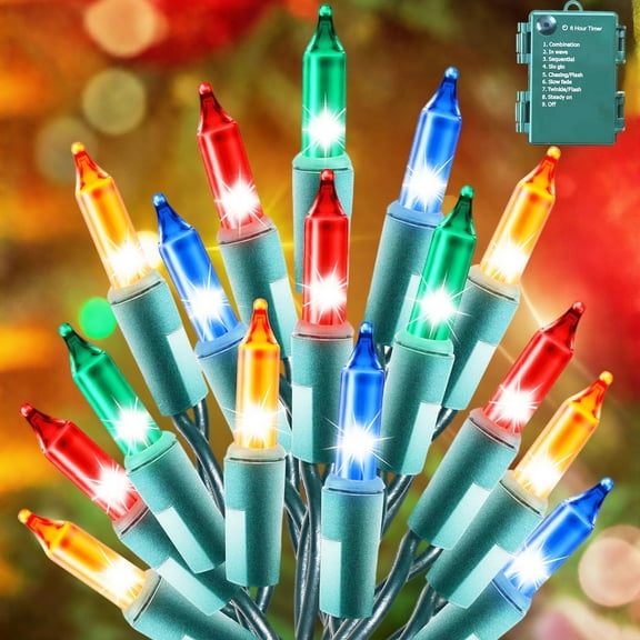 Battery Operated Christmas Lights,17 FT 50 LED Green Wire Mini String Lights Waterproof 8 Lighting Modes with Timer for Indoor Outdoor Xmas Tree Festival Party Decor (Multicolored)