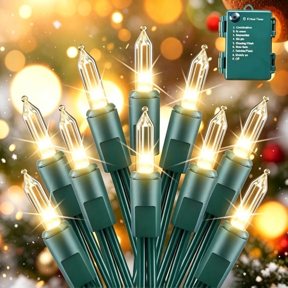 Battery Operated Christmas String Lights, 17ft 50 LED Warm White Green Wire Lights, Auto Timer 8 Modes Waterproof Fairy Lights for Indoor Outdoor Holiday Decoration