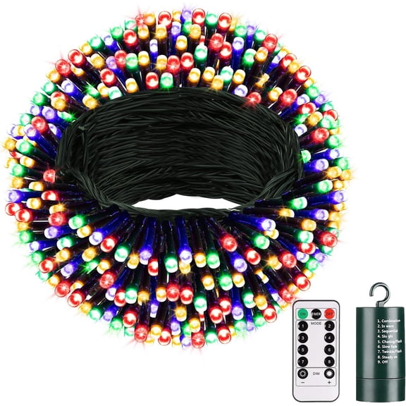 Battery Operated Christmas Lights, 33 FT 100 LED Mini String Lights with Timer and 8 Modes, Green Wire Outdoor Waterproof String Lights for Tree Xmas Indoor Holiday Party Garden Decor, Warm White