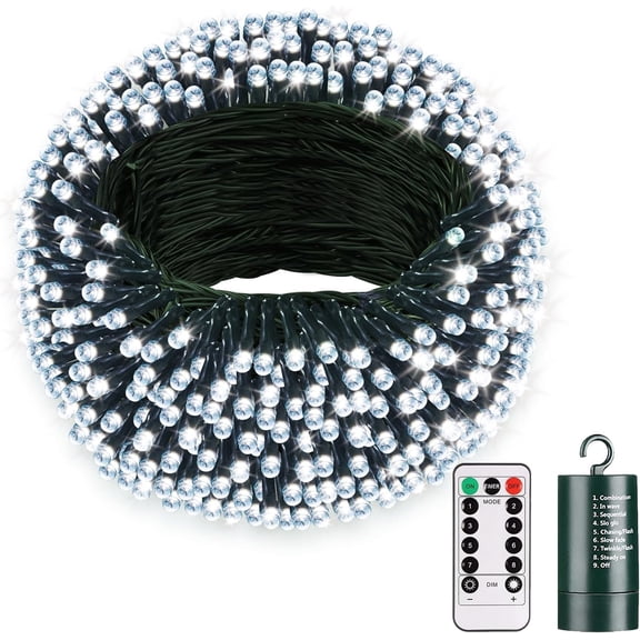 Battery Operated Christmas Lights, 33 FT 100 LED Mini String Lights with Timer and 8 Modes, Green Wire Outdoor Waterproof String Lights for Tree Xmas Indoor Holiday Party Garden Decor, Warm White