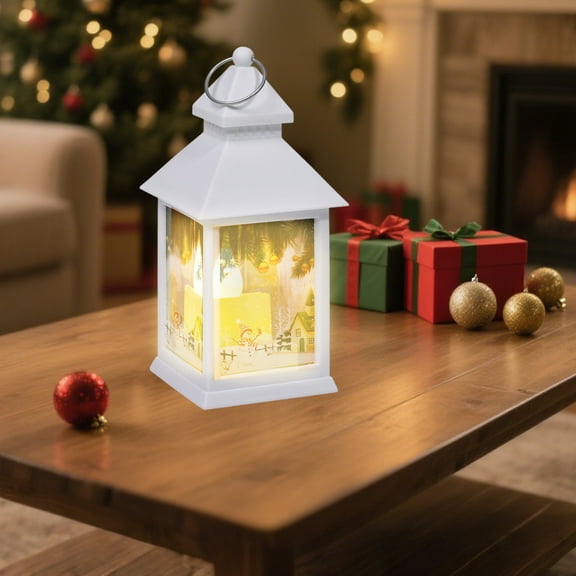 Battery Operated Christmas Snow Lantern with LED Lights Indoor Decor for Holiday Tabletop Party Decoration Festive Santa Snowman Scene