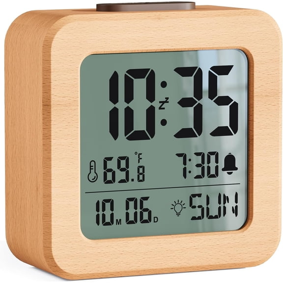 Battery Operated Clock with Real Wood Case, Loud Alarm, Snooze, Automatic Light Sensor, Temperature, Date and Day of the Week Display (3 AAA Batteries Included)