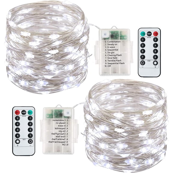 Battery Operated Copper Fairy Lights, 2 Pack 16Ft 50 LED Outdoor Fairy String Lights with Remote, 8 Modes Silver Wire Twinkle Lights for  Bedroom, Dorm, Patio, Christmas, Party, Indoor (Cold White)