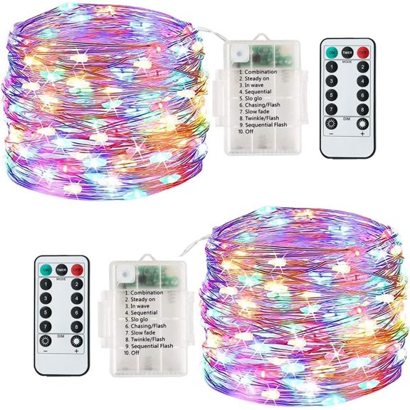 Battery Operated Copper Fairy Lights, 2 Pack 16Ft 50 LED Outdoor Fairy String Lights with Remote, 8 Modes Silver Wire Twinkle Lights for Bedroom, Dorm, Patio, Christmas, Party, Indoor (Multi-colored)