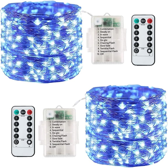 Battery Operated Copper Fairy Lights, 2 Pack 16Ft 50 LED Outdoor Fairy String Lights with Remote & Timer, 8 Modes Silver Wire Twinkle Lights for  Bedroom, Dorm, Patio, Christmas, Party, Indoor (Blue)