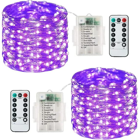Battery Operated Copper Fairy Lights, 2 Pack 33Ft 100 LED Outdoor Fairy String Lights with Remote, 8 Modes Silver Wire Twinkle Lights for Bedroom, Dorm, Patio, Christmas, Party, Indoor (Purple)