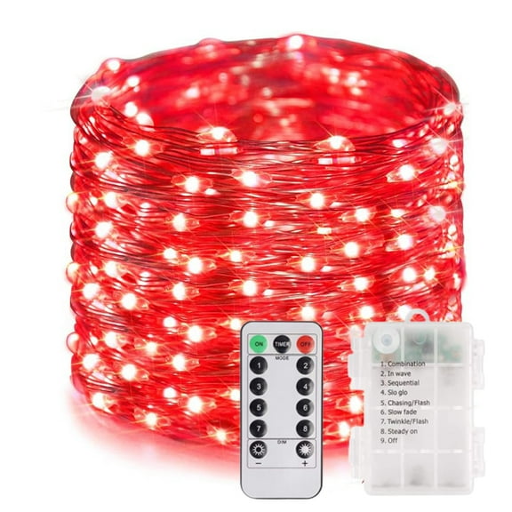 Battery Operated Copper Fairy Lights, 33ft 100 LED Waterproof Silver Wire String Light with Remote & Timer, 8 Modes Indoor Outdoor Christmas Tree Wedding Party Decorations, Red