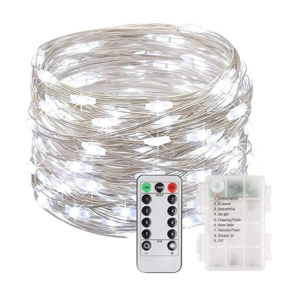 Battery Operated Copper Fairy Lights, 33ft 100 LED Waterproof Silver Wire String Light with Remote & Timer, 8 Modes Indoor Outdoor Christmas Tree Wedding Party Decorations, Cold White
