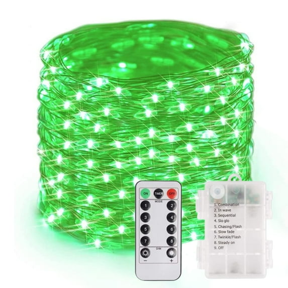 Battery Operated Copper Fairy Lights, 33ft 100 LED Waterproof Silver Wire String Light with Remote & Timer, 8 Modes Indoor Outdoor Xmas Tree Wedding Party Decorations, Green