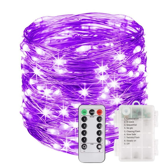 Battery Operated Copper Fairy Lights, 66ft 200 LED Waterproof Silver Wire String Light with Remote & Timer, 8 Modes Indoor Outdoor Christmas Tree Wedding Party Decorations, Purple
