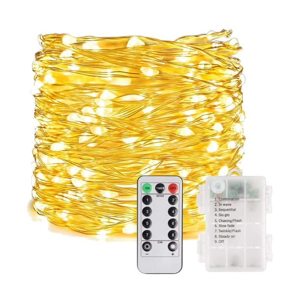 Battery Operated Copper Fairy Lights, 66ft 200 LED Waterproof Silver Wire String Light with Remote & Timer, 8 Modes Indoor Outdoor Christmas Tree Wedding Party Decorations, Warm White