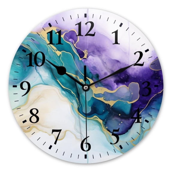 Non-Ticking Silent Wall Clocks Battery Operated Personalized Decor Clock for Bathroom,Office-Watercolor Painting With Fluid Liquid Shapes In Teal And Purple（10inch）