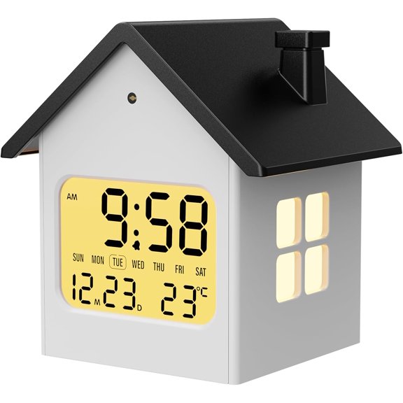 Battery Operated Digital House-Shaped Alarm Clock with Auto-Dimming,Snooze,Date,Day of Week,Temperature,Modern Aesthetic, Cute Small Desk Clock for Bedside , Bedroom
