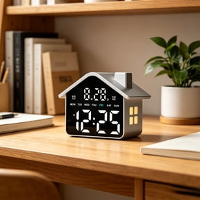 Battery Operated Digital House - Shaped Alarm Clock with Auto-Dimming,Snooze,Date,Day of Week,Temperature,Modern Aesthetic, Cute Small Desk Clock for Bedside Table, Bedroom