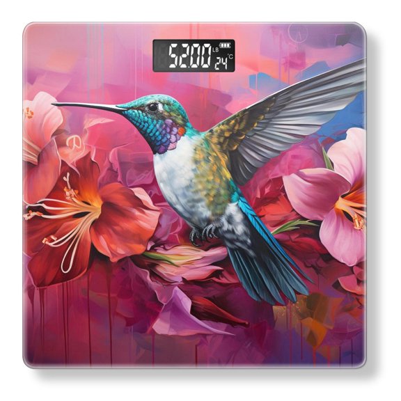 Battery Operated Digital Scales Capacity with LCD Backlit Display Body Weight Extra High Accurate 400 lbs,Decorative for Bathroom-Hummingbirds Hover Gracefully Among the Colorful Flowers