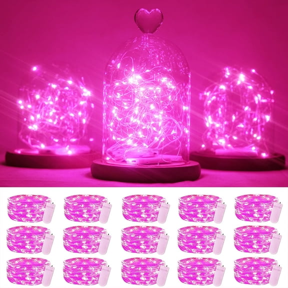 Battery Operated Fairy String Lights,15 Packs 20 LEDs 6.6FT Silver Copper Wire Starry String Light for DIY Bottle Jars Costume Wedding Party Easter Table Decorations (Pink)
