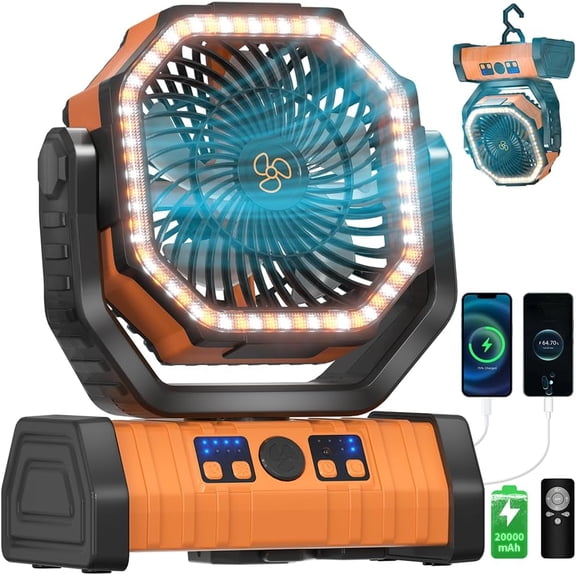 Battery Operated Fan Portable Battery Powered Camping Tent Fan with LED Lantern Light 20000mAh Rechargeable, Oscillating, 360° Rotating Hanging Hook, Cordless for Desk, Travel(Orange)
