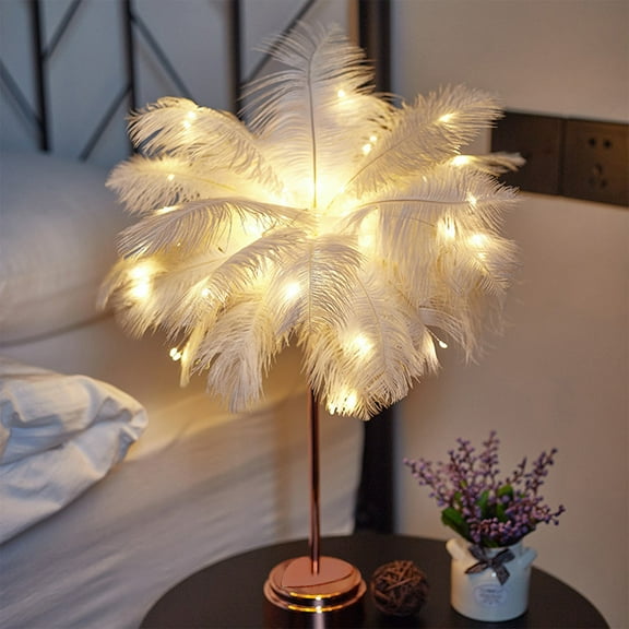 Battery-Operated Feather Table Lamp with LED Light for Bedroom or Living Room, Portable Design with USB Option, Artificial Feathers for Wedding or Christmas Decor