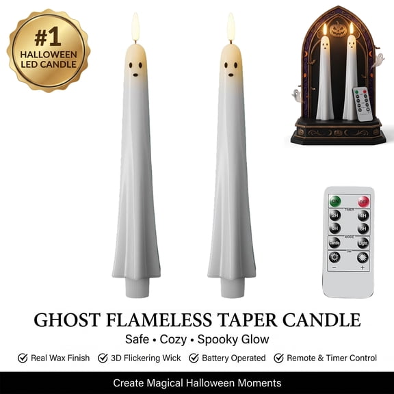 Battery Operated Flameless Taper Candles, Halloween Ghost LED Taper Candles with Remote & Timer, Real Wax Flickering 3D Wick Candle Sticks for Window, Fireplace, Table Centerpiece Indoor Decorations