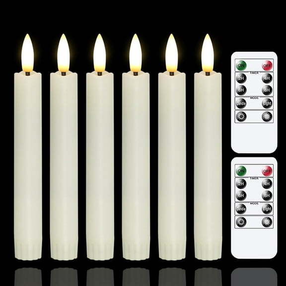 Battery Operated Flameless Taper Candles with Two Remote Timer, 6.4" LED 3D-Wick Window Candles, Flickering Long-Lasting Warm Light Electric Pack of 6 Flameless Candlesticks (0.78" Dia,Ivory)