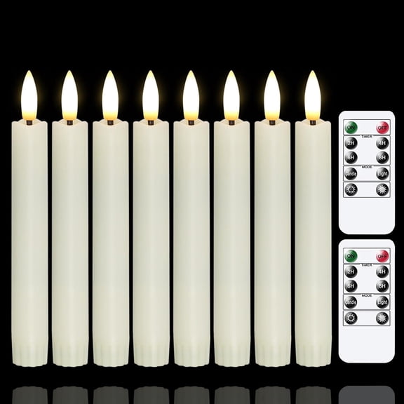 Battery Operated Flameless Taper Candles with Two Remote Timer, 6.4" LED 3D-Wick Window Candles, Flickering Long-Lasting Warm Light Electric Pack of 8 Flameless Candlesticks (0.78" Dia, Ivory)