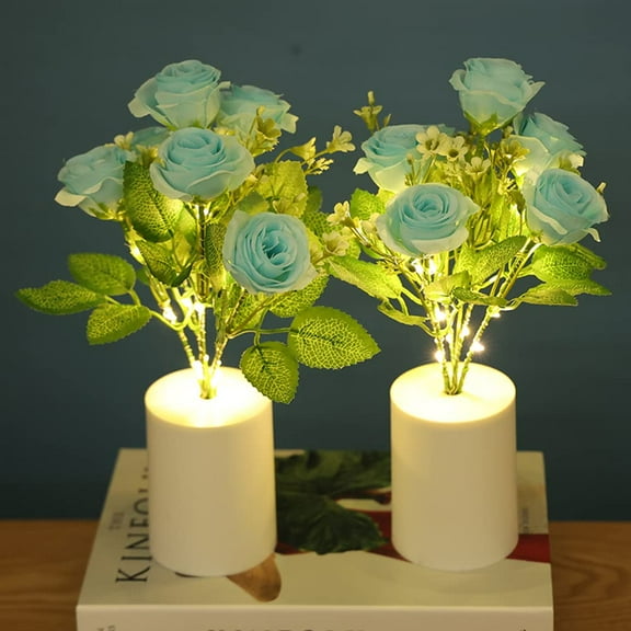Battery Operated Flower Lamp, LED Artificial Flowers Night Light, Bonsai Table Lamp Warm White for Home Living Room Bedroom Bedside Decoration (Blue Rose light,1 Pack)