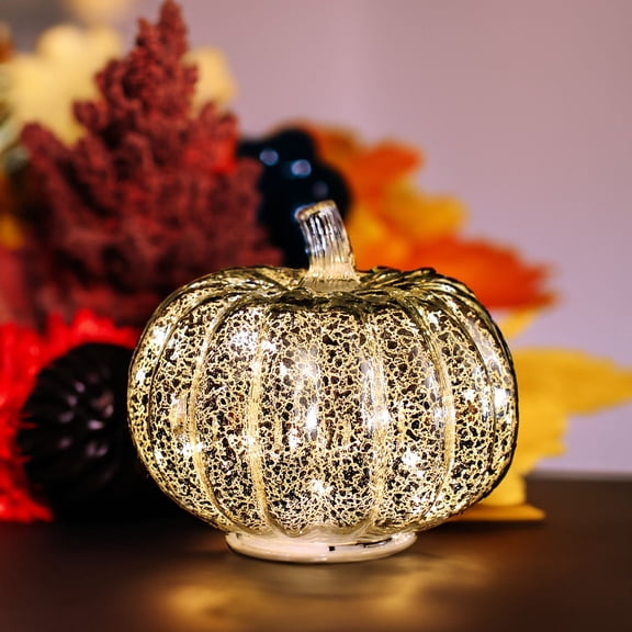 Battery-Operated Glass Pumpkin Light - Shatterproof Halloween Table Lamp Fall Centerpiece Decor Safe Flameless Candle Alternative(D)