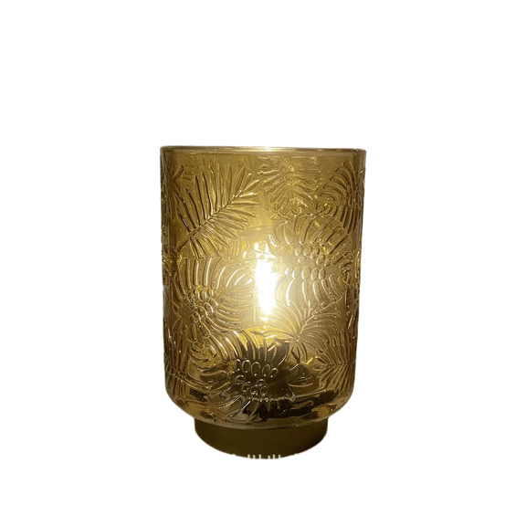 Battery Operated Glass Table Lamp, Small Cordless LED Night Light, Jade Green Embossed Leaf Decorative Lamp for Bedroom Nightstand, Shelf, Living Room Home Decor