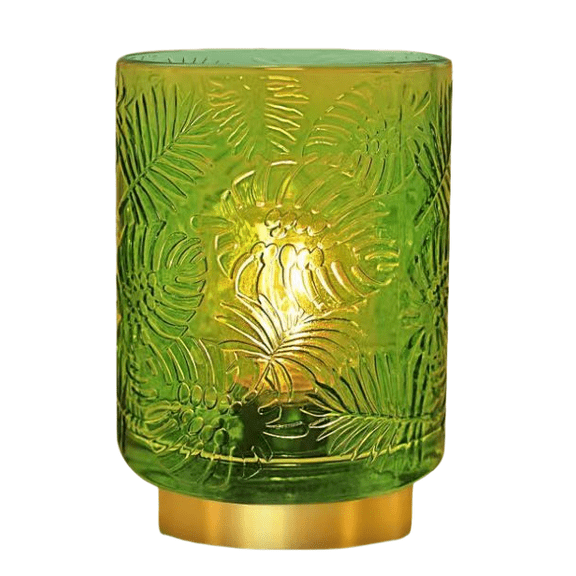 Battery Operated Glass Table Lamp, Small Cordless LED Night Light, Jade Green Embossed Leaf Decorative Lamp for Bedroom Nightstand, Shelf, Living Room Home Decor
