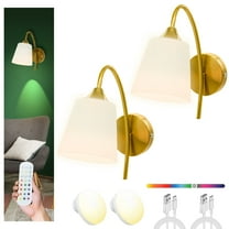 Battery Operated Glass Wall Sconces Set of Two, RGB Dimmable Rechargeable Battery Powered Wall Light, Not Wires Battery Powered Gold Wall Lamp with Remote Control for Living Room, Bedroom