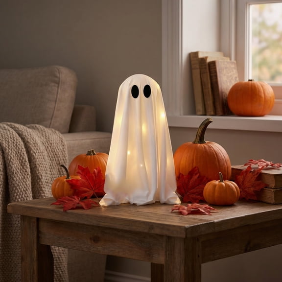 Battery Operated Glowing Fabric Ghost Light, 21-Inch Standing Hanging Halloween Figurine Lamp for Tabletop Yard Party Scene Layout