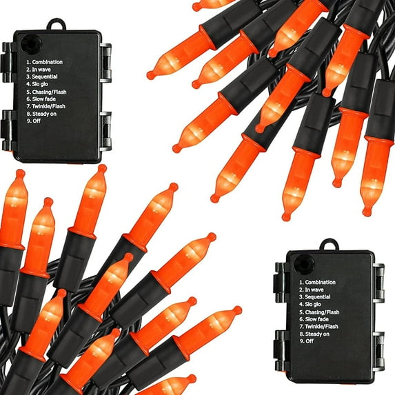 Battery Operated Halloween 50LED Mini String Lights,2 Pack 16ft Waterproof Fairy Lights with 8 Lighting Modes & Timer, Xmas Decorations for Indoor Outdoor Garden Party Decor, Orange