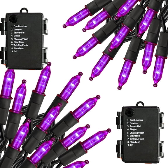 Battery Operated Halloween 50LED Mini String Lights,2 Pack 16ft Waterproof Fairy Lights with 8 Lighting Modes & Timer, Xmas Decorations for Indoor Outdoor Garden Party Decor, Purple