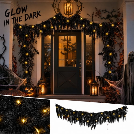 Battery Operated Halloween Decorations with Warm Led Lights, Hanging Halloween Decorations Outdoor for Porch Window Mantel, Black Web Decoration for Haunted House Party Decor