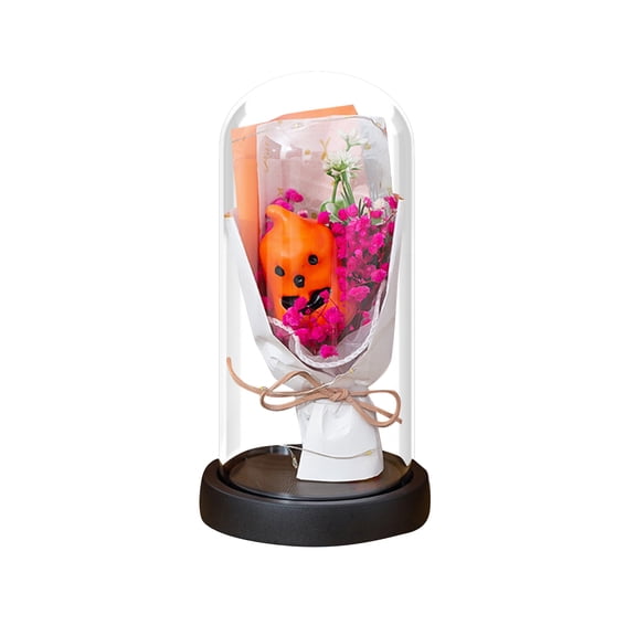 Battery Operated Halloween Lanterns Glass Cloche with LED String Lights & Floral Bouquet - Cute Halloween Tabletop Decor Indoor, Wood Base Gift Set for Home, Mantel
