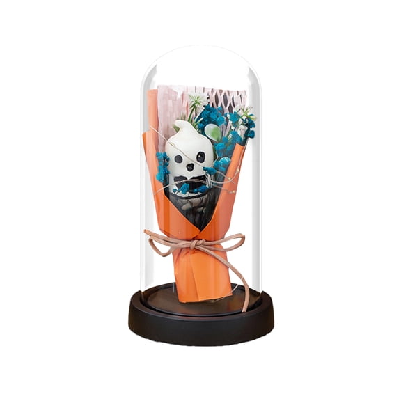 Battery Operated Halloween Lanterns Glass Cloche with LED String Lights & Floral Bouquet - Cute Halloween Tabletop Decor Indoor, Wood Base Gift Set for Home, Mantel