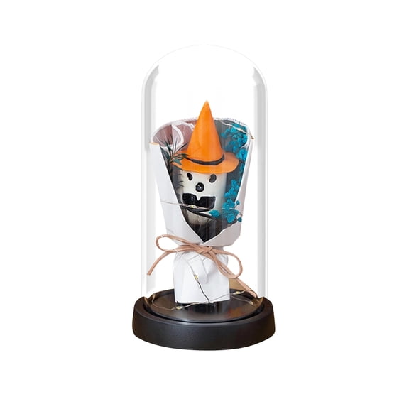 Battery Operated Halloween Lanterns Glass Cloche with LED String Lights & Floral Bouquet - Cute Halloween Tabletop Decor Indoor, Wood Base Gift Set for Home, Mantel