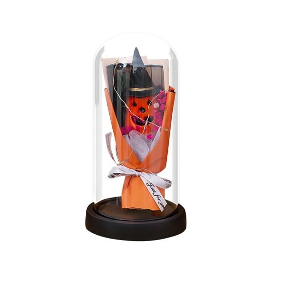 Battery Operated Halloween Lanterns Glass Cloche with LED String Lights & Floral Bouquet - Cute Halloween Tabletop Decor Indoor, Wood Base Gift Set for Home, Mantel
