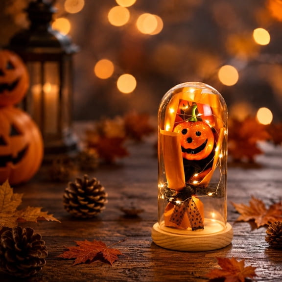 Battery Operated Halloween Lanterns Glass Cloche with LED String Lights & Floral Bouquet - Cute Halloween Tabletop Decor Indoor, Wood Base Gift Set for Home, Mantel