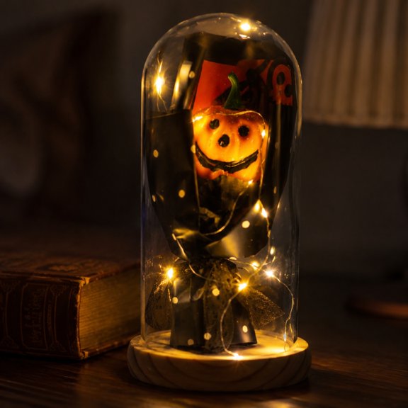 Battery Operated Halloween Lanterns Glass Cloche with LED String Lights & Floral Bouquet - Cute Halloween Tabletop Decor Indoor, Wood Base Gift Set for Home, Mantel
