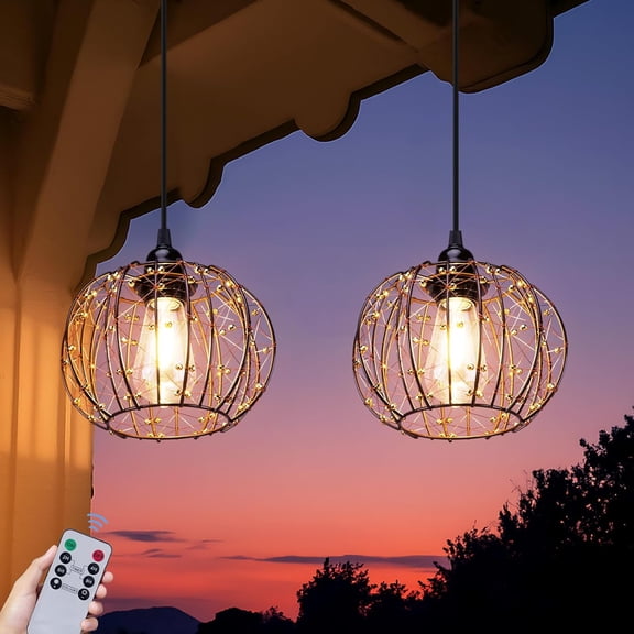 Battery Operated Hanging Chandelier Outdoor, Set of 2 with Remote, No Wiring, Boho Copper Wire Beaded Pendant Light, IP55 Weatherproof, Dimmable Timer, for Gazebo Pergola Porch Patio Decor