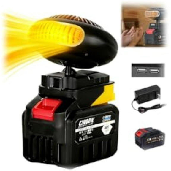 Battery Operated Heater, Portable Car Space Heater Battery Powered, 1500mAh Car Window Defroster, Dual USB Ports (For Phone Charging), Anti-Tilt Design, Fits Golf Cart & Office (One Battery)