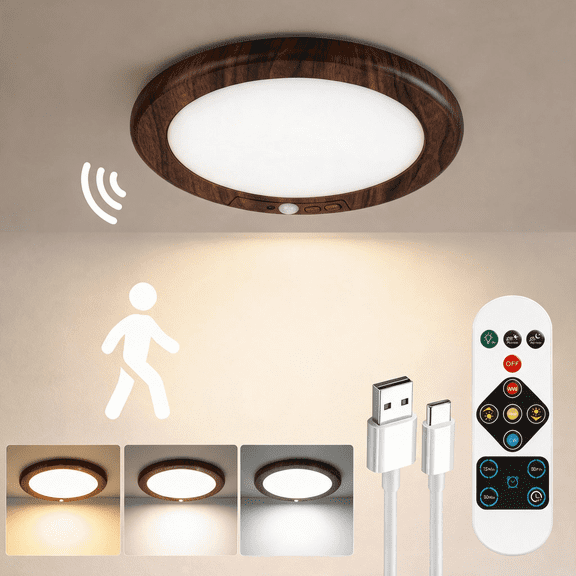 Rechargeable LED Ceiling Light, Wireless Motion Sensor Light with Remote Control and 3 Color Temp for Storage Room, Garage, Bathroom, Stairs, Doorway