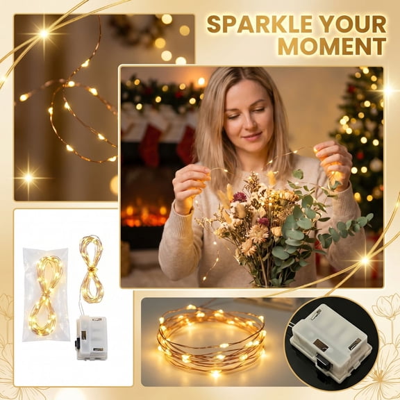 Battery Operated LED Fairy String Lights, Flexible Silver Copper Wire Mini Firefly Lights, 3M Waterproof Micro Wire Lights for Christmas, Jar Craft, Wedding & Indoor Holiday Home Decor