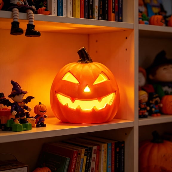 Battery Operated LED Jack O Lantern Pumpkin Lamp, Flame Safe Flicker Free Reusable Textured Build, Spooky Tabletop Accent for Mantel Entryway Halloween Party Indoor Decor