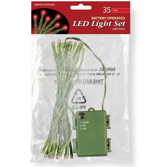 Battery Operated LED Light String Set, 35 Bulb, Red