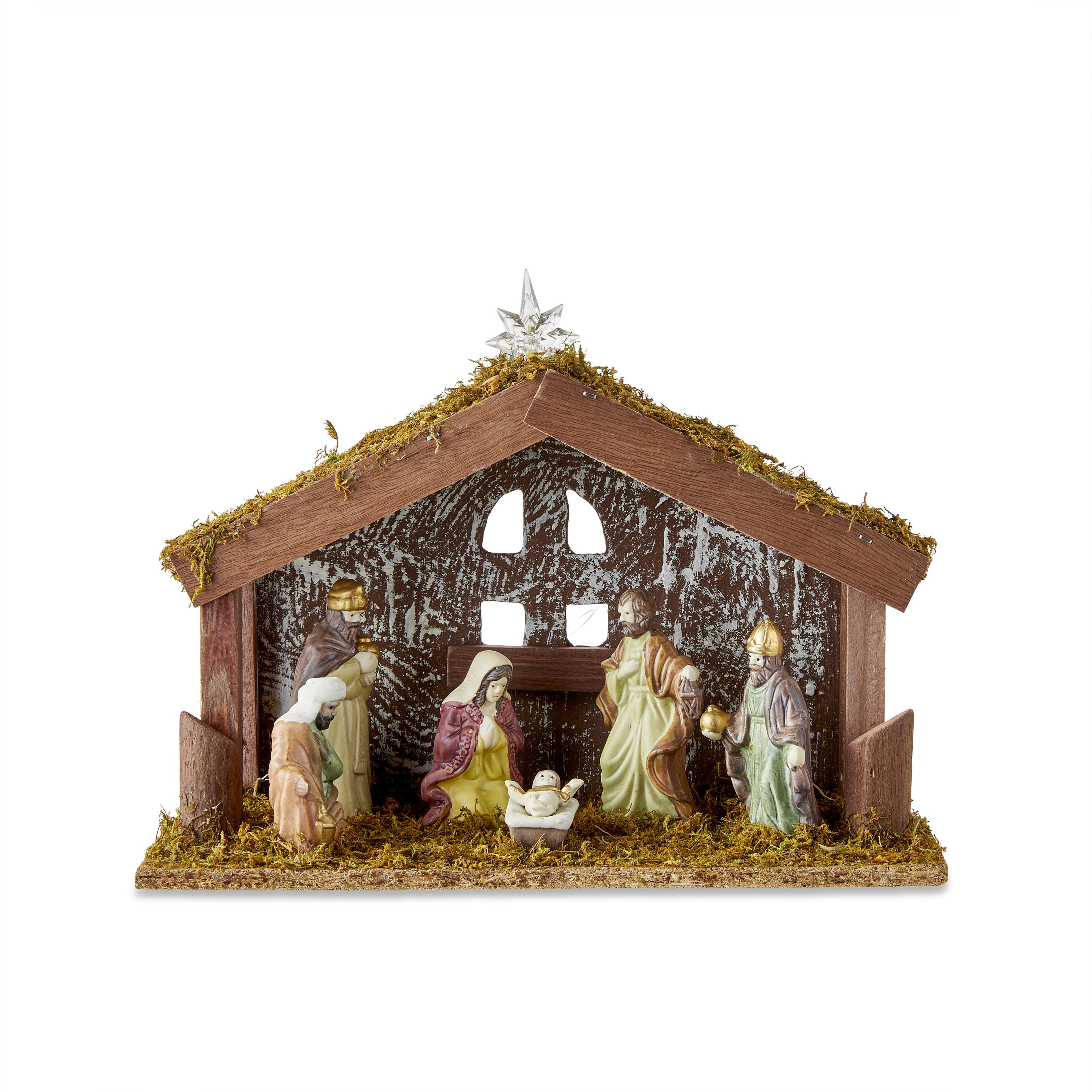Battery Operated LED Porcelain Nativity Scene with Wooden Stable, 8 Pieces, by Holiday Time